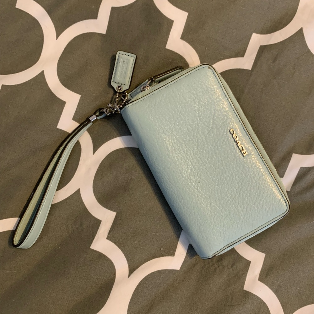 Coach Sky Blue Leather Wristlet double zip pockets
